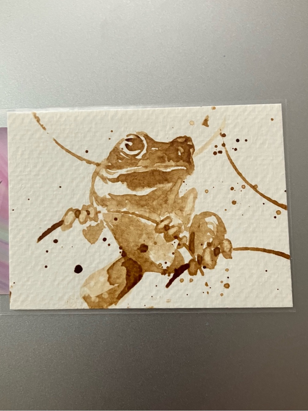 Aceo original frog coffee painting ATC fun gift art miniature by Artettina USA